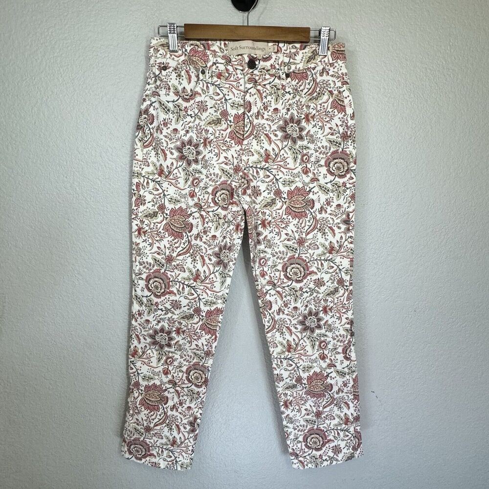 Soft Surroundings Pants Women 6 White Paisley 5 Pocket Straight Leg Work Travel